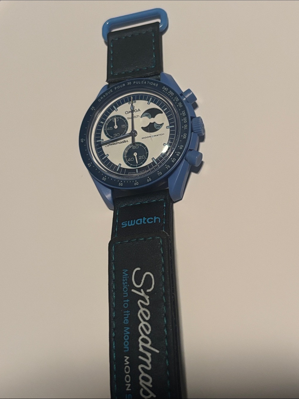 Swatch Blue and White Speedmaster-Style Chronograph Watch just a little scratch